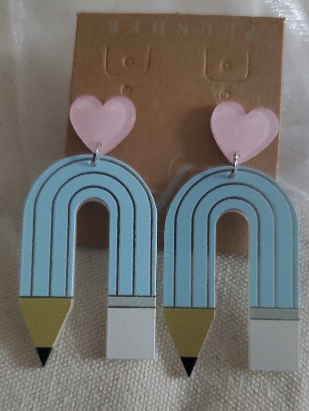 Earrings Pink Heart & Blue Pencil Rainbow Womens Pierced Jewelry NWT